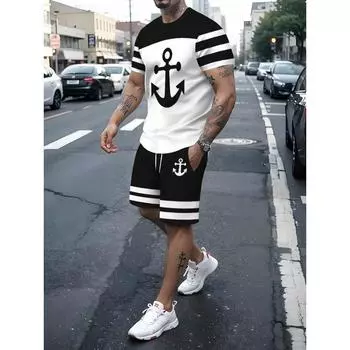 Летний комплект из 2 предметов для мужчин с графическим принтом якоря — удобная футболка с круглым вырезом и шорты на шнурке с карманами — 100% полиэстер L