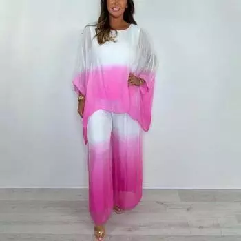 Летний комплект из 2 предметов из шифона с градиентом для женщин, большой размер, топ с круглым вырезом, широкие брюки, повседневная домашняя одежда S розовый