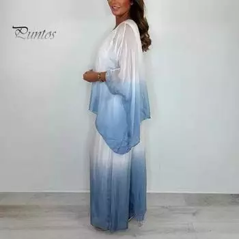 Летний комплект из 2 предметов из шифона с градиентом для женщин, большой размер, топ с круглым вырезом, широкие брюки, повседневная домашняя одежда S розовый