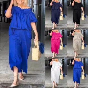 Летний комплект из 2 предметов с открытыми плечами и оборками для женщин, элегантные уличные комплекты с широкими брюками, повседневные наряды для женщин XXXL белый