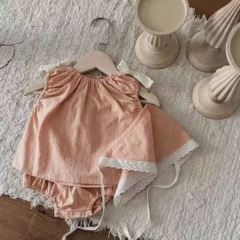 Летний комплект из 3 предметов для маленьких девочек с кружевным бантом и безрукавкой, с шортами и повязкой на голову, для принцессы 66 3-6M