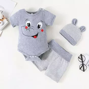 Летний комплект из 3 шт./компл. для маленьких мальчиков, летние комбинезоны с короткими рукавами для маленьких мальчиков + полосатые шорты + шапка, милый наряд со слоном, От 0 до 12 м 90