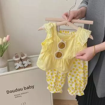 Летний комплект из двух частей для девочек 2024 г.: Топы и брюки без рукавов с квадратным воротником для детей маленьких/средних размеров 120 cm белый