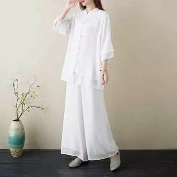 Летний комплект из двух частей для йоги, медитации, хлопка и льна, одежда для чаепития XXL белый