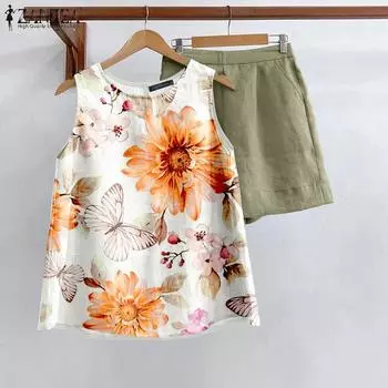 Летний комплект из двух частей ZANZEA Floral Tanks and Shorts Holiday S зелёный
