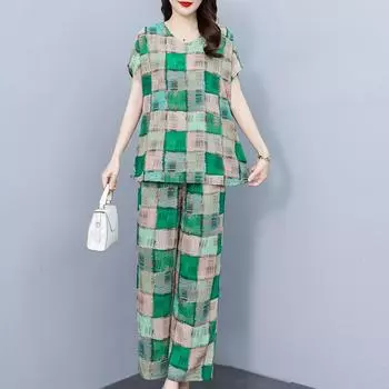 Летний комплект из двух предметов большого размера для женщин, свободные элегантные комплекты с брюками и высокой талией для женщин XL