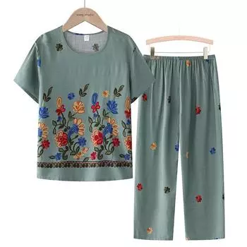 Летний комплект из двух предметов для бабушки, укороченные брюки с короткими рукавами, женская пижама, свободная одежда для сна для дома среднего возраста XL розовый