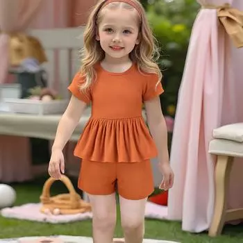 Летний комплект из двух предметов для девочек - однотонный топ и шорты 100 коричневый