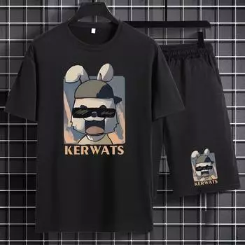 Летний комплект из двух предметов для занятий спортом на открытом воздухе, мужская футболка с принтом аниме-кролика больших размеров и комплект шорт S