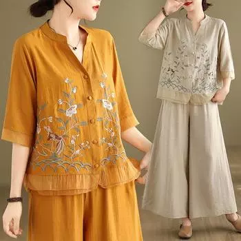 Летний комплект из двух предметов для женщин с цветочной вышивкой, модные женские блузки с эластичной талией, модные свободные плиссированные женские широкие брюки XXL белый