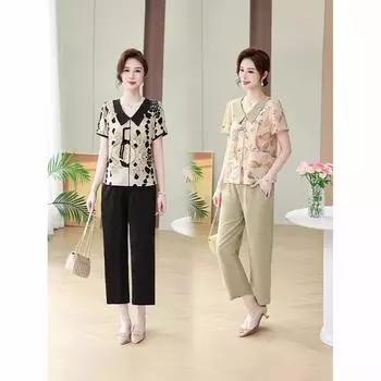 Летний комплект из двух предметов для женщин среднего возраста с футболкой и рубашкой для мамы среднего возраста XXXXL чёрный