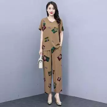 Летний комплект из двух предметов из хлопка и шелка средней длины для пожилых и мам из Центральной Европы с коротким рукавом, большой размер, свободный принт, мода Nine Points XL suggestion [below 55kg]