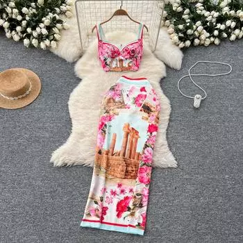 Летний комплект из двух предметов с принтом с подиума, женский топ без бретелек, жилет + облегающая длинная юбка-карандаш для офиса и вечеринок S красный