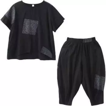 Летний комплект из двух предметов свободного покроя больших размеров 2025 года: Свободный топ с короткими рукавами и брюки 2XL чёрный