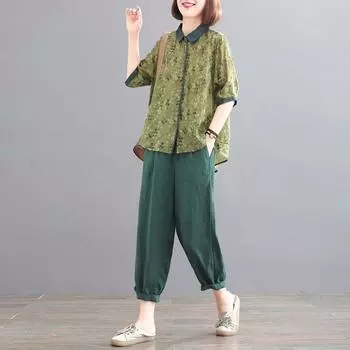 Летний комплект из двух предметов свободного покроя, женские повседневные рубашки с цветочным принтом, свободные плиссированные эластичные женские брюки с высокой талией XXXL