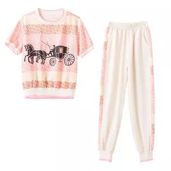 Летний комплект из двух предметов, женская одежда, Conjuntos Femininos Elegantes, топы с короткими рукавами и принтом + повседневные брючные костюмы S красный