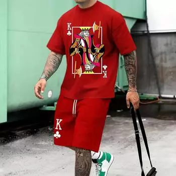 Летний комплект из футболки с круглым вырезом и коротким рукавом с принтом Poker King на 3D-принте, мужской модный повседневный спортивный комплект из топа и шорт S