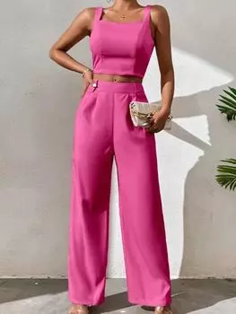 Летний комплект из хлопка и льна с широкими брюками, женский жилет без рукавов, топ 2023, весенний офисный женский костюм из 2 предметов S розы красного