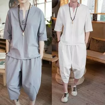Летний комплект из хлопка и льна, мужской повседневный уличный костюм из двух предметов, одежда для дома, удобные дышащие пляжные пижамы с короткими рукавами M белый