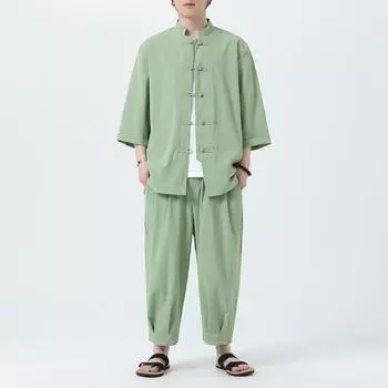 Летний комплект из хлопковой льняной рубашки, мужской повседневный уличный костюм из двух предметов, одежда для дома, рубашка и брюки, пляжные комплекты из 2 предметов с короткими рукавами S белый