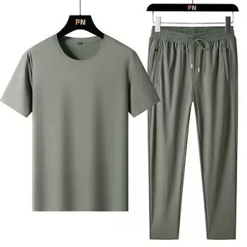 Летний комплект из тонкого ледяного шелка больших размеров с короткими рукавами для мужчин, для спорта и отдыха, свободный крой для фитнеса, комплект из двух предметов Quick Dry Ice Sensation 6XL