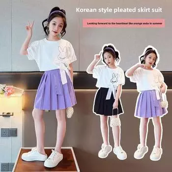 Летний комплект из топа-фонарика с короткими рукавами и бантом и плиссированной юбки для девочек постарше 140 cm чёрный