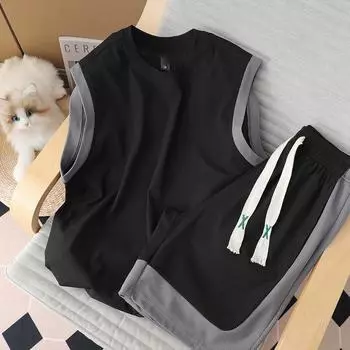 Летний комплект из жилета без рукавов и спортивных шорт в стиле пэчворк, повседневная баскетбольная спортивная одежда, дышащие свободные тренировочные шорты, комплект из 2 предметов L чёрный