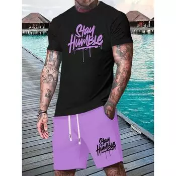 Летний комплект мужских футболок с коротким рукавом и принтом, включающий шорты с пятью точками и удобный спортивный свитер с круглым вырезом S