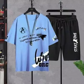 Летний комплект мужской одежды, повседневная футболка с коротким рукавом + шорты, комплект из 2 предметов, мужские спортивные костюмы Y2K, футболка большого размера с принтом и круглым вырезом