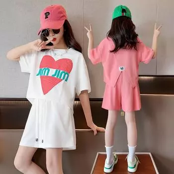 Летний комплект одежды для девочек-подростков, милая футболка с короткими рукавами и шортами с надписью, детский спортивный костюм из 2 предметов, верх и низ для девочек 170 белый