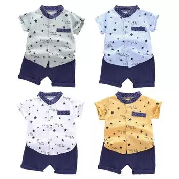 Летний комплект одежды для мальчиков Детский комплект из двух предметов: рубашка с короткими рукавами и шорты с принтом L-100