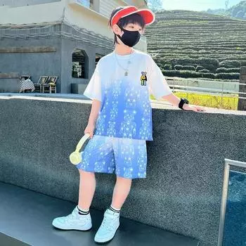 Летний комплект одежды для мальчиков-подростков, детская футболка с градиентом для девочек и шорты, костюм из 2 предметов, детский спортивный костюм с короткими рукавами, верхняя и нижняя одежда 100