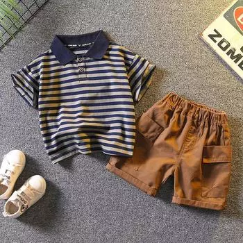 Летний комплект одежды для мальчиков с одинаковым комплектом одежды, полосатая рубашка-поло с короткими рукавами, крутой детский комплект, детская повседневная футболка, шорты, повседневная детская одежда из двух предметов 1-2 Years чёрный