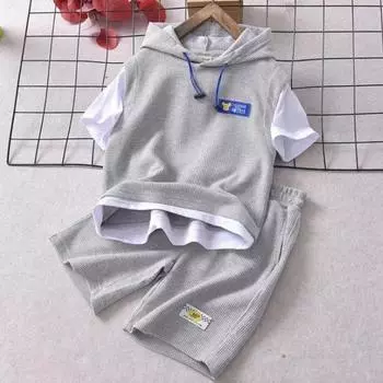 Летний комплект одежды для мальчиков, толстовки, футболки и шорты, детский костюм для девочек, вафельный пэчворк, верх, низ, 2 предмета, спортивный костюм 170 чёрный