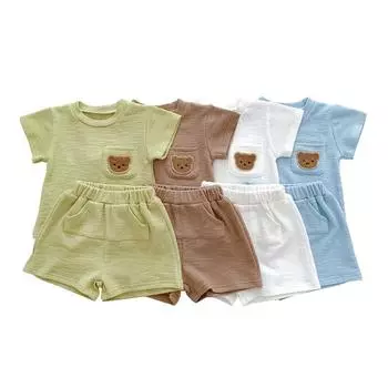 Летний комплект одежды для маленьких девочек, футболка с медведем, топы и шорты, комплект одежды из 2 предметов для маленьких мальчиков, детская одежда, костюм для малышей 80CM синий