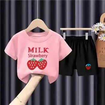 Летний комплект одежды для маленьких девочек, футболки и шорты с принтом клубники, комплект из 2 предметов, детская повседневная одежда с верхом и низом 100