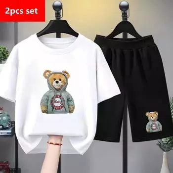 Летний комплект одежды для маленьких девочек, детские футболки и шорты с рисунком медведя для мальчиков, костюм из 2 предметов, детские модные спортивные костюмы с верхом и низом 100CM