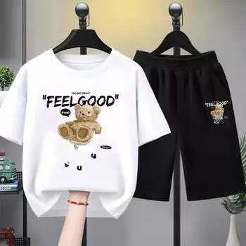 Летний комплект одежды для маленьких мальчиков, детские футболки и шорты с принтом медведя из мультфильма, костюм из 2 предметов, детская одежда, спортивные костюмы 100