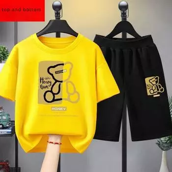 Летний комплект одежды для маленьких мальчиков, детские футболки и шорты с принтом медведя для девочек, костюм из 2 предметов, детские повседневные спортивные костюмы с верхом и низом 100CM