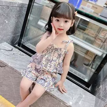 Летний комплект одежды для малышей, эластичный костюм с цветочным принтом для маленьких девочек, футболки с рюшами и шорты с цветочным принтом, брюки, наряд 110