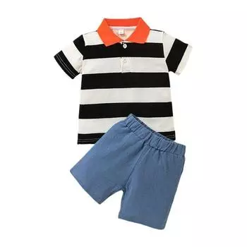Летний комплект одежды для малышей, полосатая футболка с короткими рукавами и отложным воротником для малышей + шорты, повседневная футболка + короткие штаны, одежда для новорожденных, От 1 до 5 лет 90