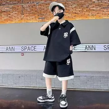 Летний комплект одежды для подростков, мальчиков, детей, девочек, футболки с надписями и шорты, комплект из 2 предметов, детский модный комплект поло, верхняя и нижняя части, спортивный костюм 170 чёрный