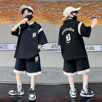 Летний комплект одежды для подростков, мальчиков, детей, девочек, футболки с надписями и шорты, комплект из 2 предметов, детский модный комплект поло, верхняя и нижняя части, спортивный костюм 170 чёрный