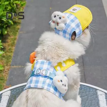 Летний комплект одежды для щенков из 3 предметов, регулируемая шлейка для защиты от солнца, поводок и комплект с мультяшным плюшевым декором для кошек и маленьких средних собак XS зелёный