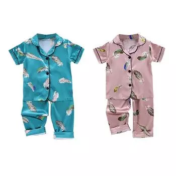 Летний комплект одежды для сна с принтом перьев для маленьких мальчиков и девочек, блузка с короткими рукавами, топы, штаны для сна L