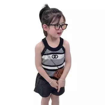 Летний комплект одежды из 2 предметов для девочек 1–7 лет, вязаный полосатый топ, жилет и джинсовые шорты 120