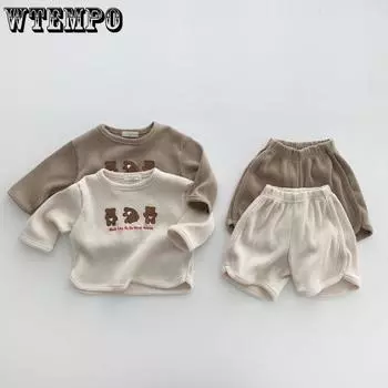Летний комплект одежды с медвежонком для мальчиков и девочек, вафельная футболка с длинными рукавами + шорты, повседневная одежда из 2 предметов, хлопковый детский костюм 73 коричневый