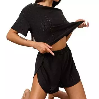 Летний комплект пижамы из 2 предметов для женщин: кроп-топ с коротким рукавом с прорезями и шорты с разрезом. Повседневный комплект для отдыха и сна. S чёрный