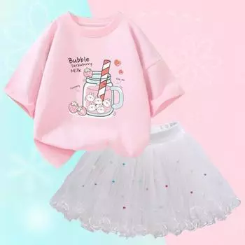 Летний комплект принцессы с героями мультфильмов для девочек, хлопковая футболка с клубничным молоком для маленьких девочек + юбка-пачка, комплекты, милая детская одежда 6T(130cm)