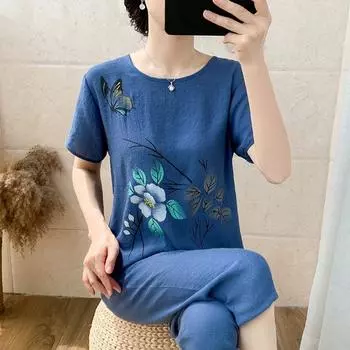 Летний комплект с короткими рукавами для женщин среднего и пожилого возраста, комплект из двух предметов, тонкий стиль XL зелёный